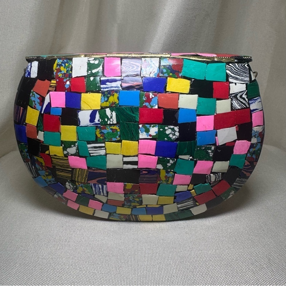 Ramla Mosaic Clutch Boho Stone Inlay Brass Purse Chain Strap Boho - Picture 4 of 9